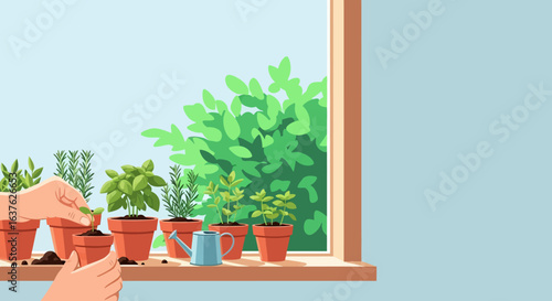 Planting Herbs in Terracotta Pots on a Sunny Window Sill