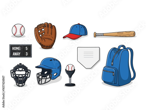 Baseball Gear in Focus: An illustrated array of baseball essentials are artfully arranged, offering a visual feast of equipment critical to this beloved sport.