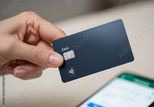 Hand Holding EMV Chip Card Near Smartphone for Contactless Payment