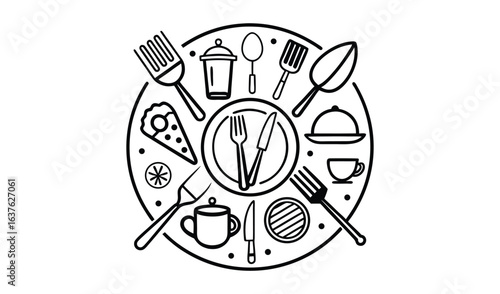 Circular arrangement of food and kitchen utensils in a doodle style