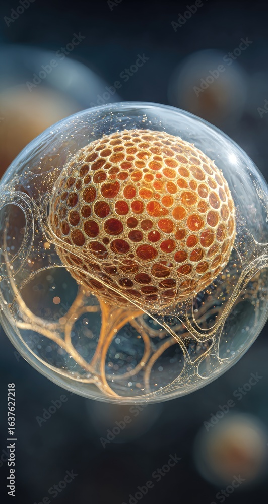 Obraz premium A transparent sphere encloses a honeycombed orb. Cellular structure