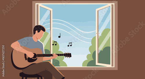 Serene Musician Playing Acoustic Guitar by Open Window with Musical Notes