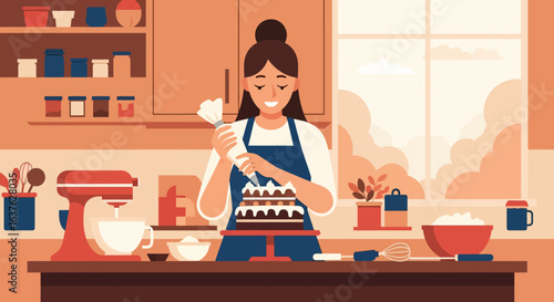 Smiling baker decorating a two-tiered chocolate cake with white frosting in a warm kitchen