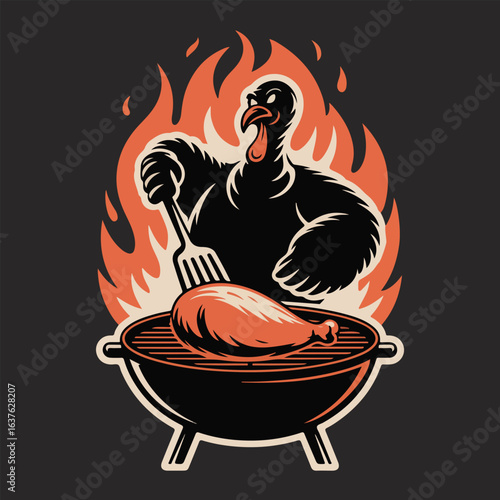 Cartoon turkey grilling a thanksgiving dinner on a barbecue