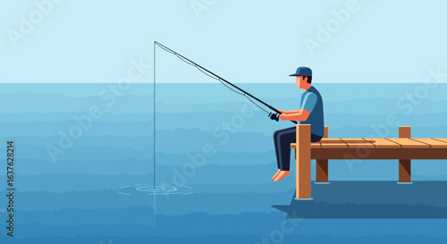 Solitary Angler on Wooden Pier, Fishing Rod Cast into Calm Waters
