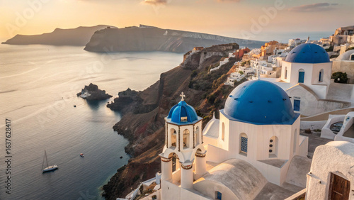 Photo of aerial view of the Santorini's whitewashed buildings iconic blue domes, churches  and caldera waters shimmering below in oia village, santorini, greece