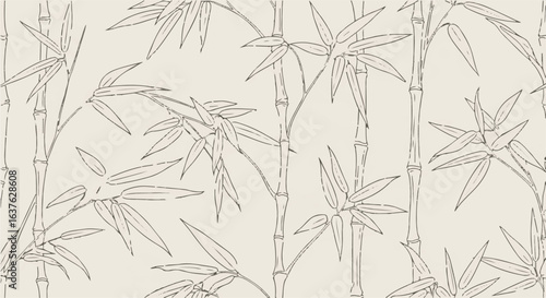 Bamboo stems and leaves pattern, simple natural line art, background