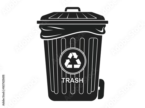Recycle Trash: A sleek, modern black and white illustration of a waste bin with a recycling symbol. Highlighting eco-friendly practices and waste management. 