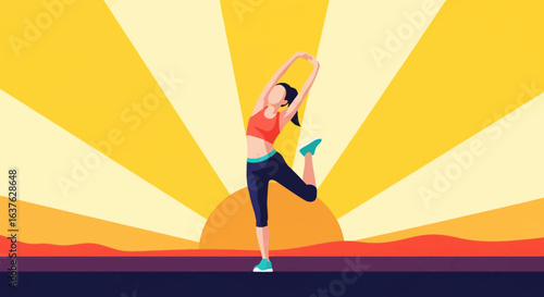 Stylized Woman Stretching with Sunrise Backdrop, Wearing Red Top and Teal Shoes