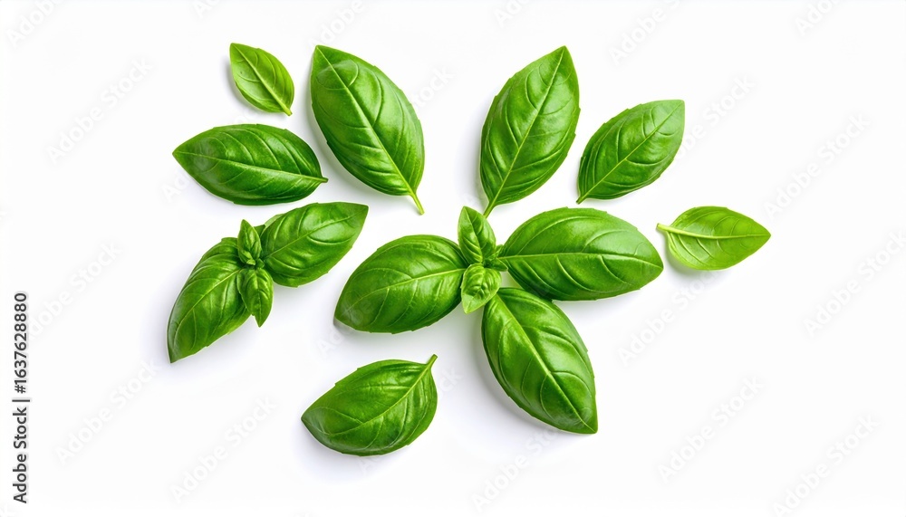 Fototapeta premium Fresh Green Basil Leaves Vibrantly Displayed on a Clean White Background Evoking a Sense of Freshness