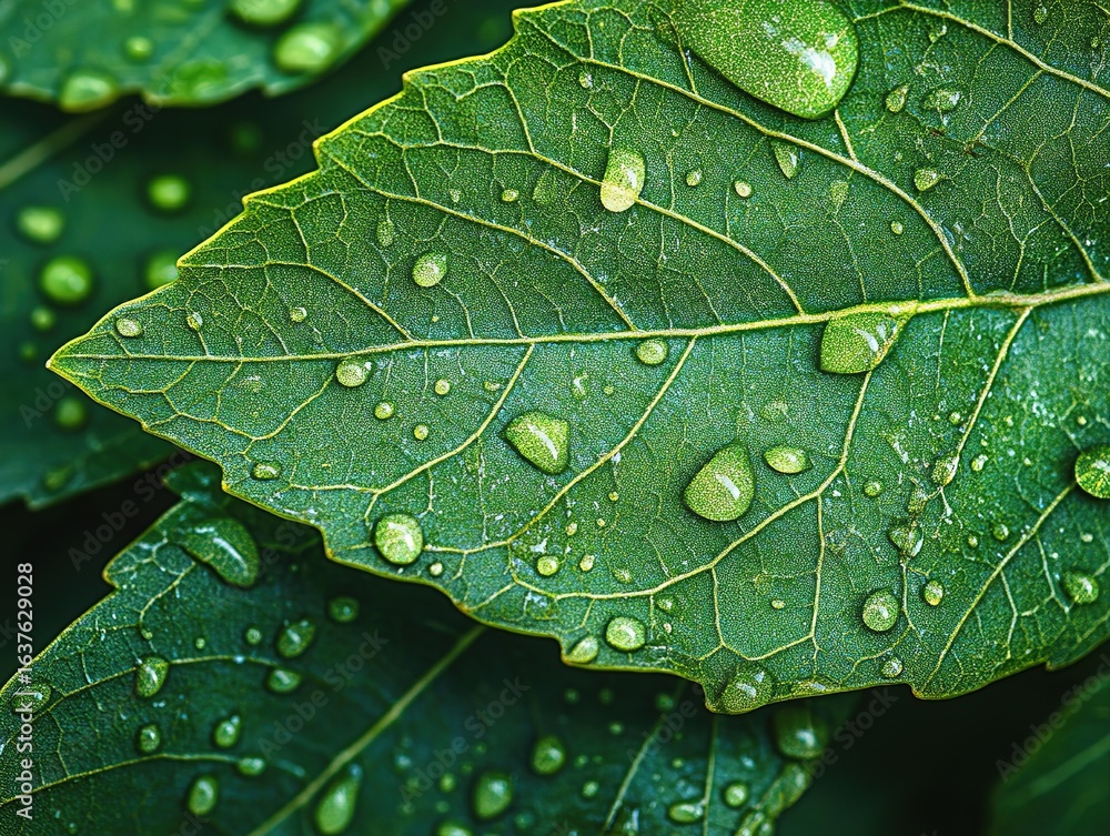 Green Leaf with Water Drops, Nature's Fresh Texture, Botanical Close - up, Dewy Foliage Detail Green Leaf with Water Drops, Nature's Fresh Texture, Botanical Close - up, Dewy Foliage Detail