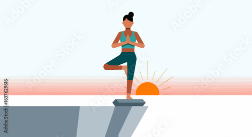 Woman in Tree Pose on Cliff Edge at Sunrise, Flat Vector Illustration