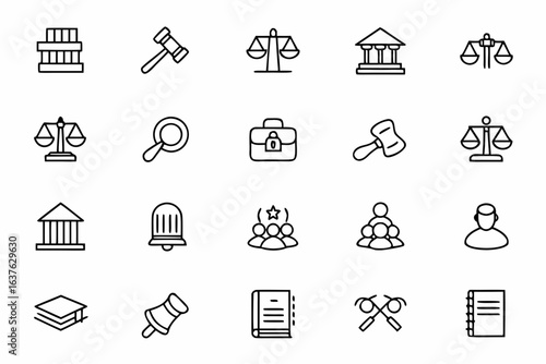 A dignified bundle featuring justice symbols, legal tools, and courtroom elements in clean single-line style. Perfect for law firms, legal blogs, and courtroom visuals.