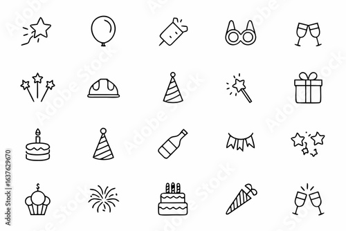 A festive bundle portraying celebration themes, party accessories, and happiness symbols in clean single-line form. Perfect for social media stickers, greeting cards, and event decor.