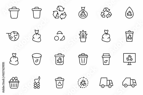 An impactful bundle showcasing waste disposal, recycling processes, and eco-conscious habits in smooth continuous-line art. Ideal for green initiatives, educational materials, and waste reduction awar