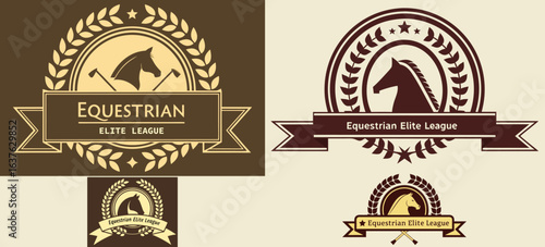 Equestrian Elite League Badge Collection – Horse Emblems with Laurel Wreath, Ribbon Banner, Brown Gold Vector Design