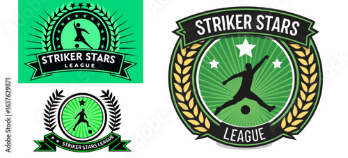Striker Stars League Badge Collection – Soccer Emblems with Laurel Wreath, Player Silhouette, Green Banner, Modern Vector Set