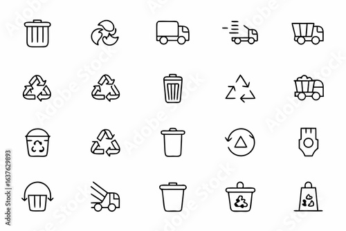 A practical bundle combining waste collection, recycling, and environmental protection symbols in clean single-stroke style. Great for municipal services, environmental groups, and sustainability proj
