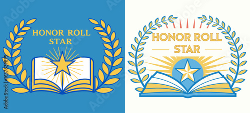 Honor Roll Star Badge Collection – Academic Emblems with Open Book, Laurel Wreath, Star, Blue Gold Vector Design