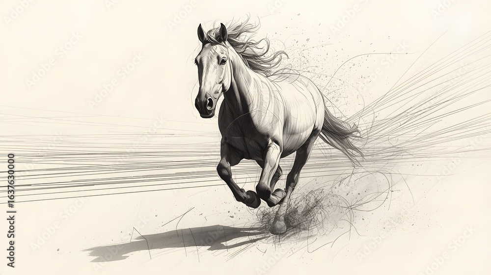 Fototapeta premium Dynamic sketch of a running horse, capturing the power and grace of the animal, perfect for elegant branding and design projects