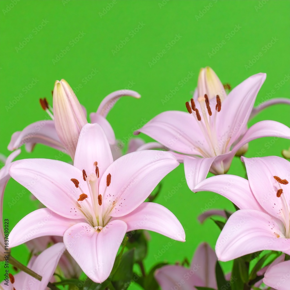 Fototapeta premium Soft pink lilies against a bright green background