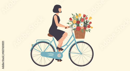 Woman riding a light blue bicycle with a basket full of colorful flowers