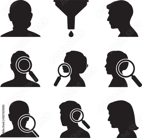 Human silhouettes with magnifying glass and funnel