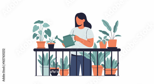 Woman watering potted plants on a balcony, nurturing her urban garden with care.