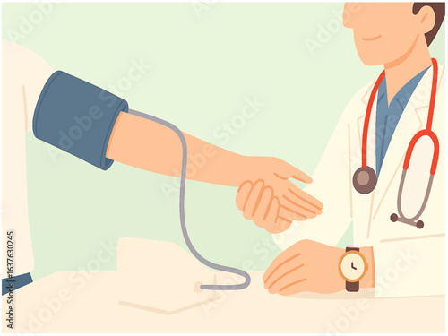 Doctor Holding Patient’s Wrist While Measuring Blood Pressure with Arm Cuff Illustration