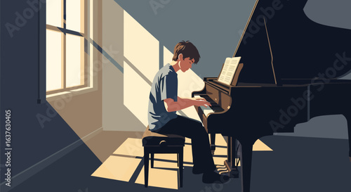 Young pianist practices in sunlit room, playing a grand piano with sheet music.