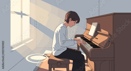 Young Pianist Plays Piano in Sunlight, Creating Melodic Music Indoors