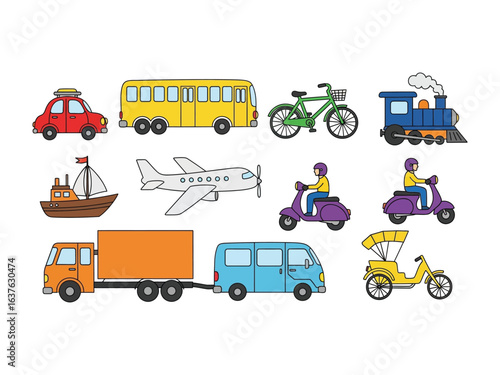 Various Transportation: A playful depiction of diverse transportations, perfect for educational purposes and playful designs, featuring classic and modern vehicles in a colorful palette.