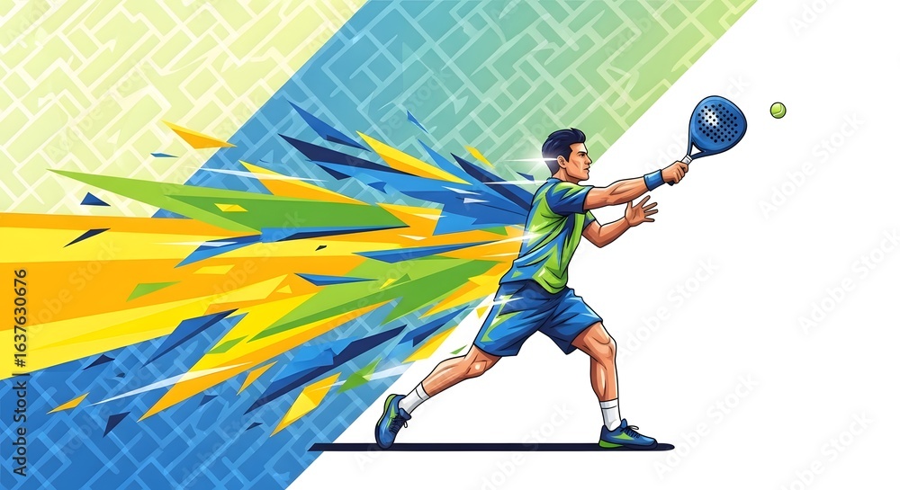 Fototapeta premium Dynamic padel player in action hitting the ball with vibrant energy against a colorful abstract background, sport concept