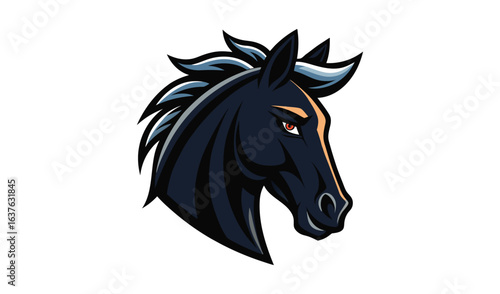 Powerful black horse head profile illustration