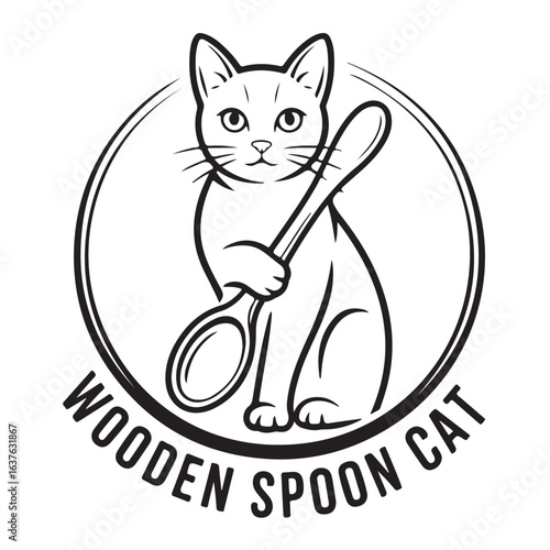 Cute cat with wooden spoon circle logo illustration