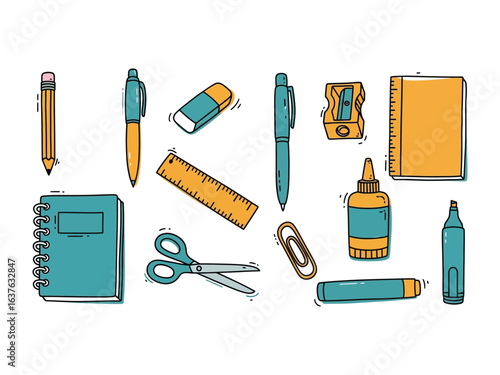 Creative Stationery Array: A curated collection of stationery essentials, meticulously arranged to inspire creativity and organization, rendered in a vibrant illustration.