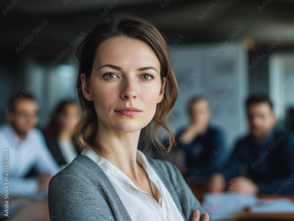 Fototapeta premium Vibrant, colorful photograph of a diverse team of professionals. A female director is at the center, leading the discussion and pointing to charts and graphs on a screen.