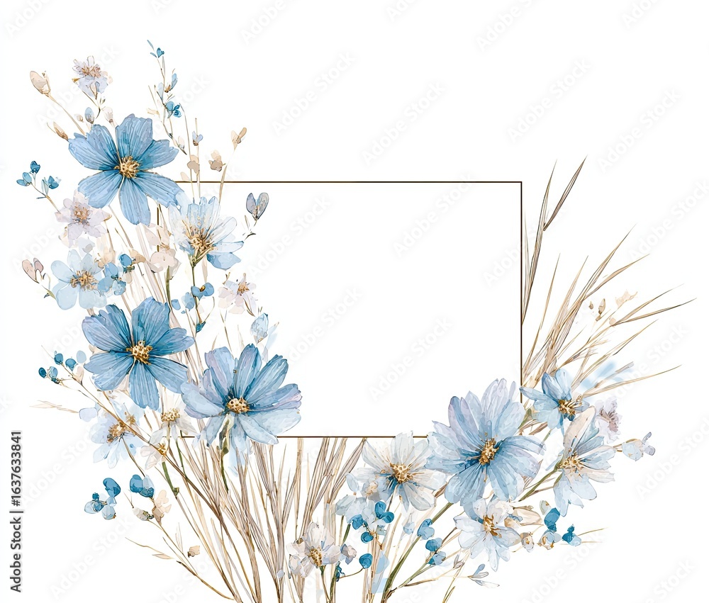 Naklejka premium Delicate floral frame with light blue cosmos and beige grasses. A light beige rectangular frame is surrounded by light blue and white watercolor flowers, small sprigs, and beige dried grasses