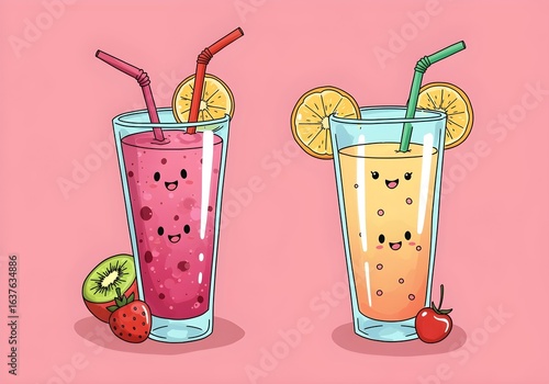 This image features two adorable, cartoon-style fruit smoothies against a cheerful pink background.