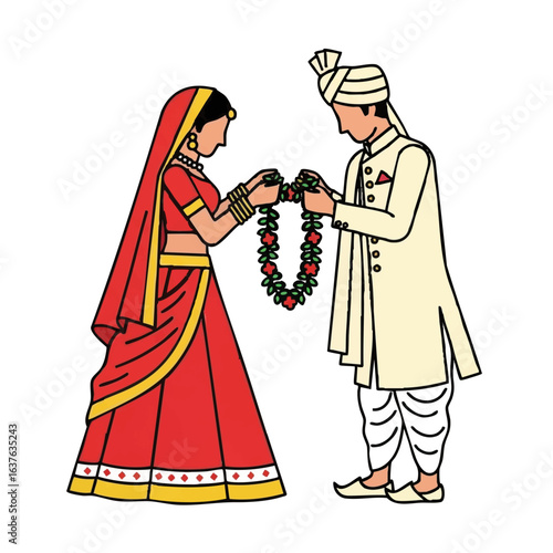 Minimal Hindu Wedding Couple Jaimala Garland Exchange Vector Illustration
