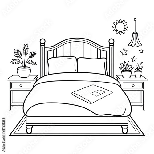 A black and white bed illustration line art of a coloring page