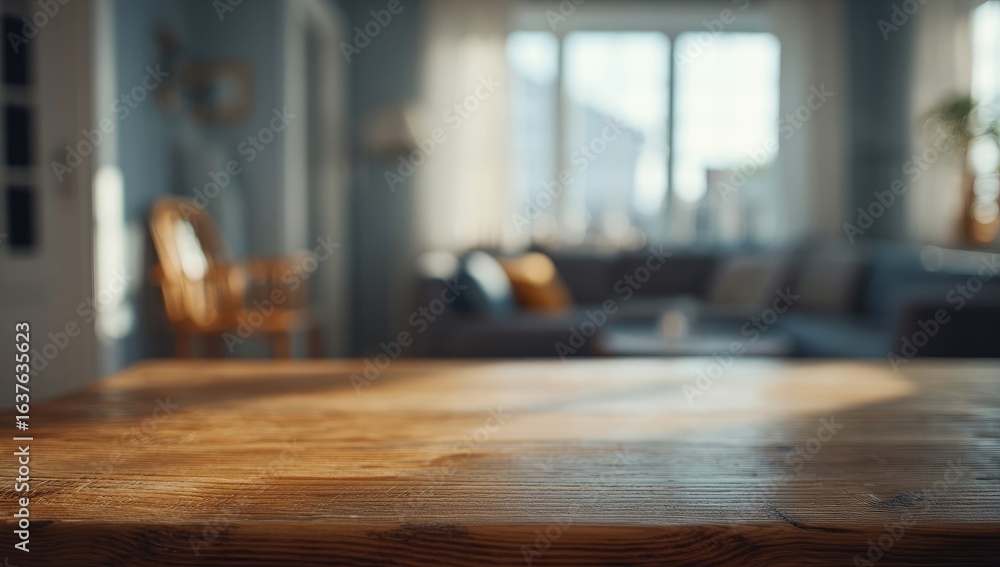 Blurred home interior, light-wood table Blurred home interior, light-wood table