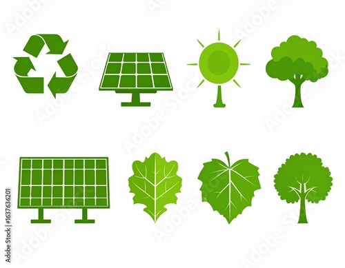 Green Vector Icons Set of Ecology, Renewable Energy, and Nature