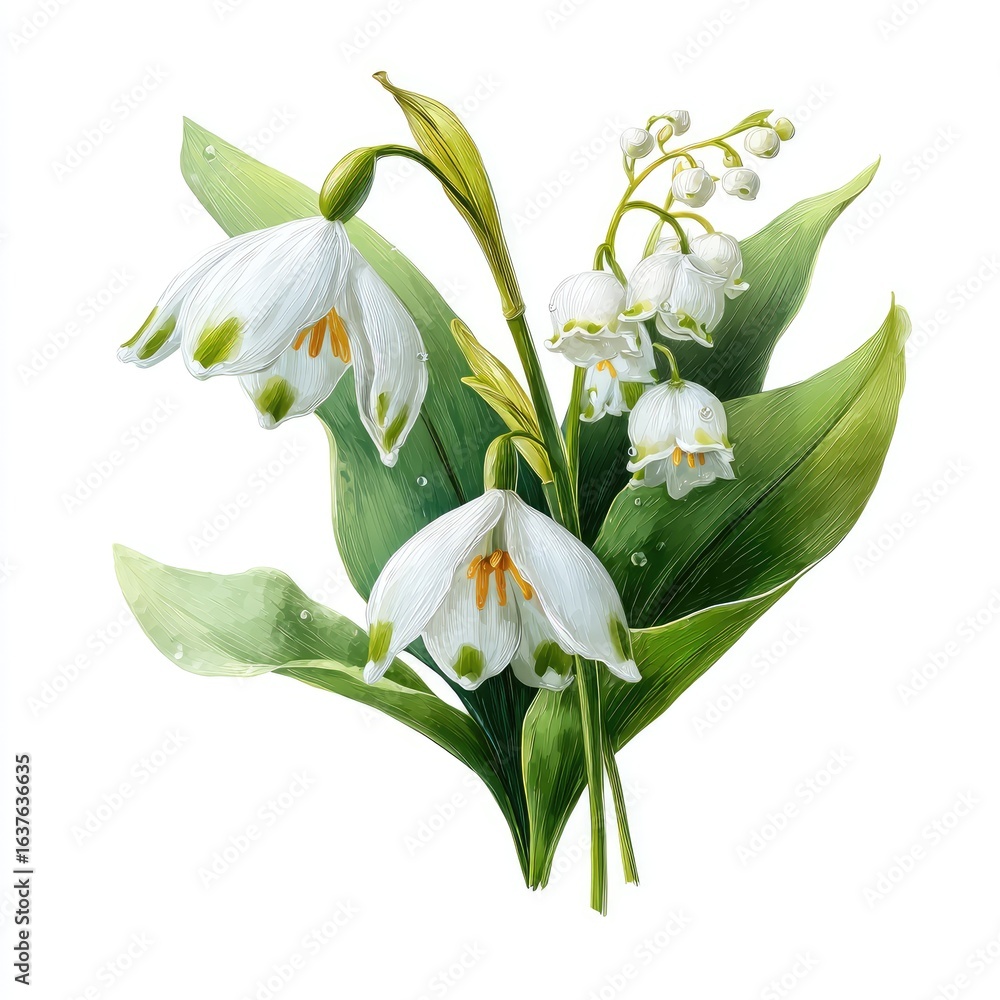 Fototapeta premium Delicate bouquet of white flowers and lush green leaves