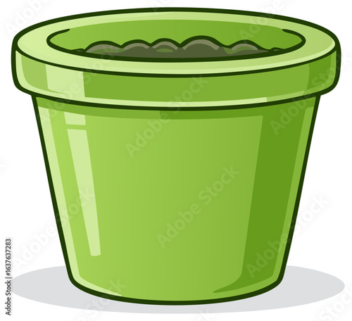 Green garden pot vector illustration with soil filling cartoon style for spring gardening projects and container gardening concept