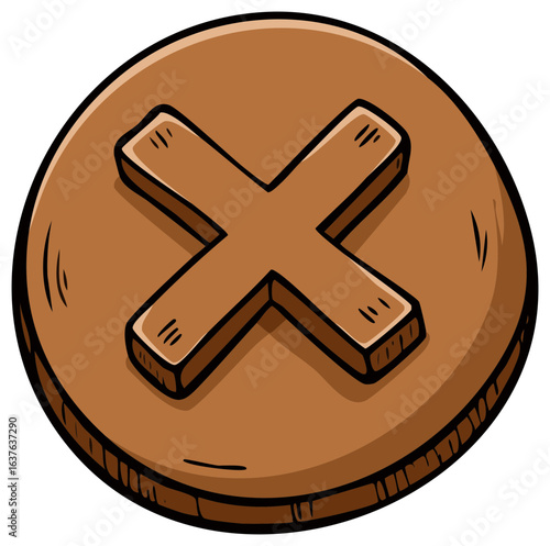 Hand drawn illustration of a brown wooden button with a raised X symbol for closing or deletion