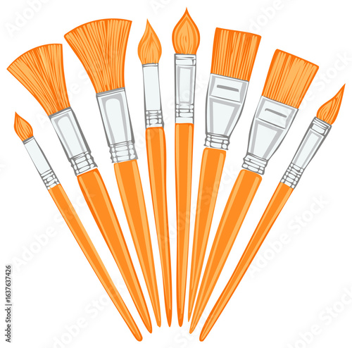Vibrant Set of Art Paintbrushes Collection with Orange Bristles Ready for Painting