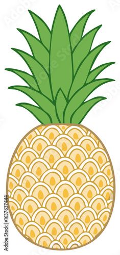 Stylized Pineapple Graphic Illustration with Green Leaves and Scaled Surface Design on Isolated White Background