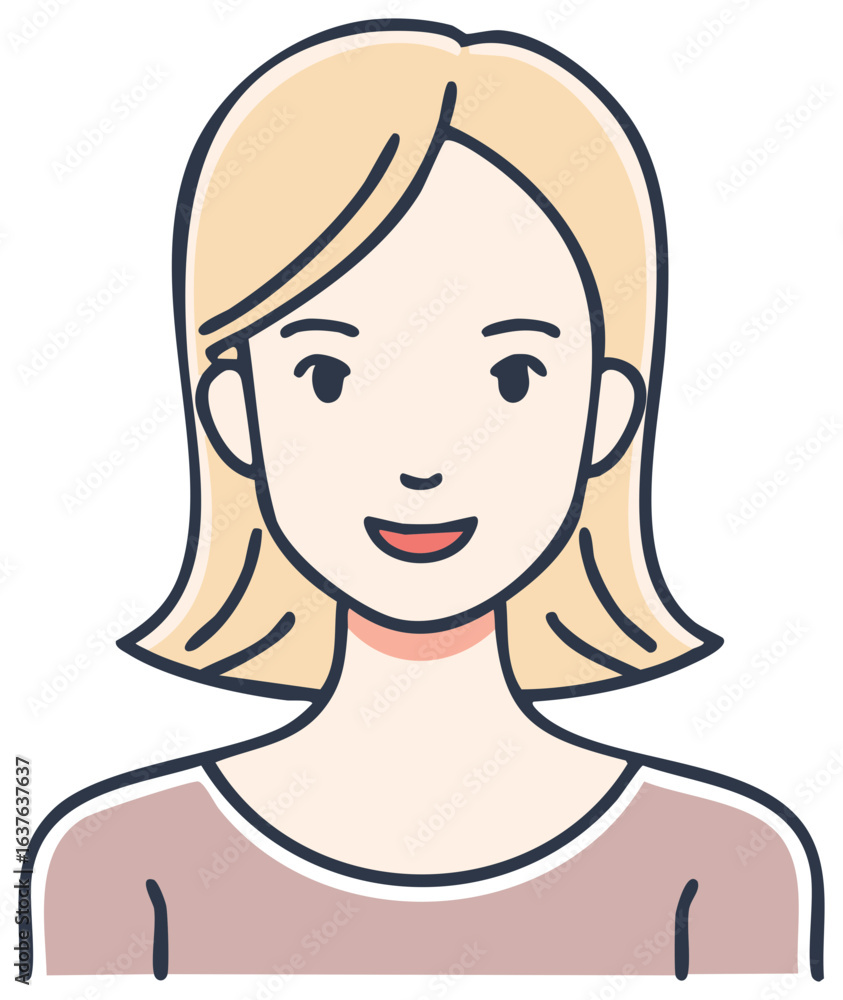 Blonde Woman Illustration, Flat Cartoon Avatar with Smiling Face, Casual Style, Dark Blue Outlines Blonde Woman Illustration, Flat Cartoon Avatar with Smiling Face, Casual Style, Dark Blue Outlines