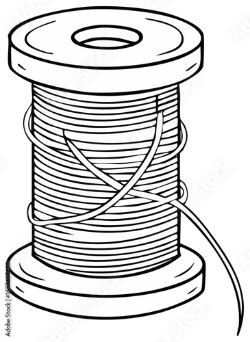 Black and white line art illustration of a spool of thread for sewing projects